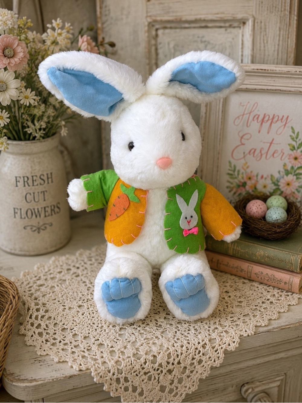 Vintage Kolden Toys 20” White Bunny Rabbit Plush Felt Easter Jacket Carrot Decor